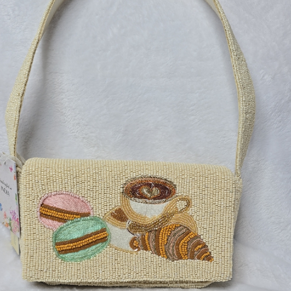 Beaded Cream Handbag with Coffee and Pastry Design